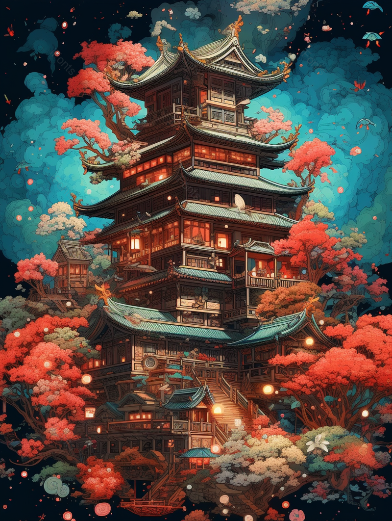 深夜古代的中国风建筑古典插画背景,插画/手绘图,插画/手绘图库,插画/手绘图下载,插画/手绘